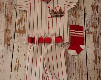 Baseball Cake smash outfit-SPECIFIC DATE MESSAGE B4 Buy Rookie of the Year Birthday Jersey, Red Pinstripes, Baseball uniform, Baseball Pants