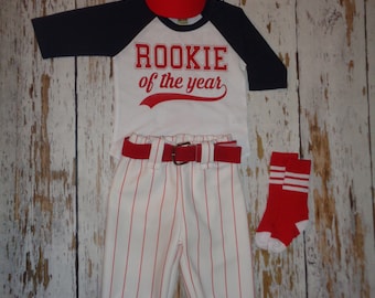 Baseball Cake smash outfit boy-SPECIFIC DATE MESSAGE 1er, Rookie of the Year Birthday Set, Red Pinstripes, Uniforme de baseball, Pantalon de baseball,