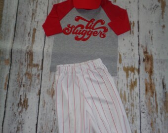 Baseball Cake smash outfit boy, Lil Slugger baseball outfit, Red Pinstripes, Baseball uniform, Baseball Pants Cap and tshirt, Lil Slugger