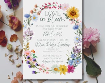 Floral Bridal Shower Invitation Wildflower Boho Bridal Shower Invite Template Love in Bloom Wedding Bridal Brunch Garden Party Floral Wreath