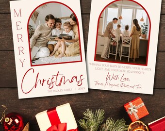 Modelo de cartão de Natal vintage com fotos, cartão de Natal neutro para imprimir, colagem de fotos de Natal em família, mensagens minimalistas de boas festas, editável.