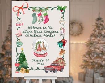Könnte beinhalten: Weihnachts-Party-Schild auf einer Staffelei. Das Aquarelldesign zeigt festliche Elemente wie Strümpfe, Ornamente und eine Schneekugel. Der Text lautet "Welcome to the Stone Haus Company Christmas Party!" und "December 14, 2026."