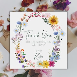 Tarjeta de agradecimiento con flores silvestres, regalo floral para despedida de soltera, nota de agradecimiento para despedida de soltera, agradecimiento floral para baby shower, tarjeta floral cuadrada editable