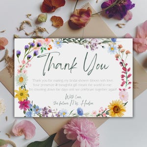 Modello modificabile per biglietto di ringraziamento per addio al nubilato con fiori di campo, biglietto di ringraziamento floreale, regalo per addio al nubilato in stile Boho, ringraziamento per matrimonio Love in Bloom 5x5
