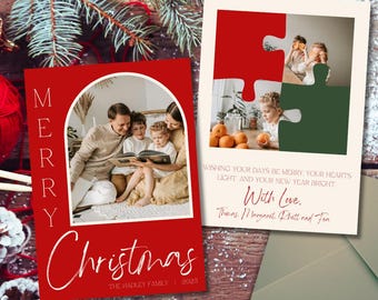 Cartão de Natal Vermelho - Modelo Quebra-Cabeça - Cartão de Natal em Família Editável - Cartão Vintage de Colagem de Fotos de Natal - Feliz Natal - Que Ano! - 12,7 x 17,8 cm