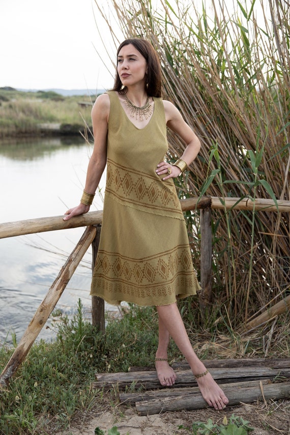 Dress in Raw Natural Cotton Hand Printed with Block Print Technique