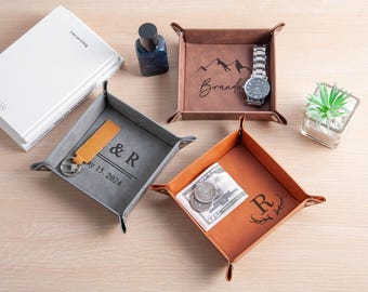 Bandeja organizadora de mesa personalizada em couro com monograma gravado, presente para homens.