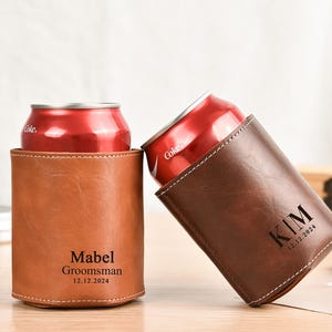 Engraved Leather Groomsmen Can Cooler: Personalized Bachelor Party Gift