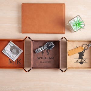 Gepersonaliseerd leren valet dienblad, gegraveerd dienblad van veganistisch leer, cadeaus voor mannen, aangepast bureau-organizer dienblad, gegraveerde opvangbak voor mannen