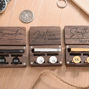 Conjunto personalizado de gemelos y pinza de corbata, gemelos para padrinos de boda, regalos para padrinos, conjunto de gemelos y pinza de corbata para bodas, propuesta para padrinos de boda.