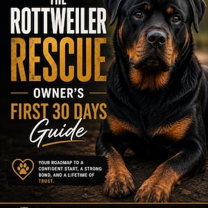 May include: A Rottweiler Rescue guide with a black and tan Rottweiler. The guide's title is "The Rottweiler Rescue Owner's First 30 Days Guide." The text includes "Rescue. Rehab. Relove." and "Your roadmap to a confident start, a strong bond, and a lifetime of trust."