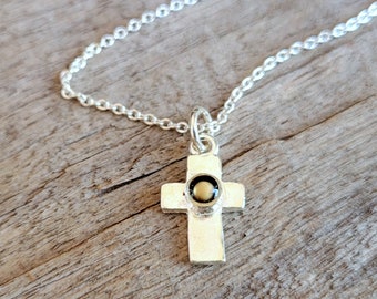 Cross and Mustard Seed Necklace - Christian Faith Necklace - Silver and Black Cross Necklace - Baptism Gift - Confirmation Gift