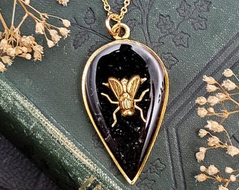 Black and Gold Beetle Necklace - Crushed Jet Stone with Golden Beetle Inverted Drop Necklace