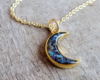 Crushed Black Australian Opal Moon Necklace - Crushed Stone Small  Gold and Opal Moon Necklace