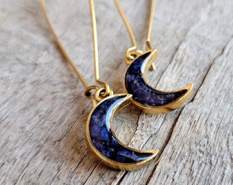 Crushed Blue Sodalite Moon Earrings - Crushed Stone - Deep Blue and Gold Dangle Earrings