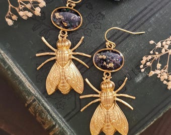 Crushed Ethiopian Opal and Brass Fly Dangle Earrings