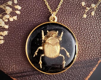 Black and Gold Beetle Necklace - Crushed Jet Stone with Golden Beetle Necklace