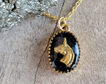 Black and Gold Unicorn Necklace - Crushed Jet Stone with Golden Unicorn Necklace