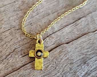 Cross and Mustard Seed Necklace - Christian Faith Necklace - Gold and Black Cross Necklace - Baptism Gift - Confirmation Gift