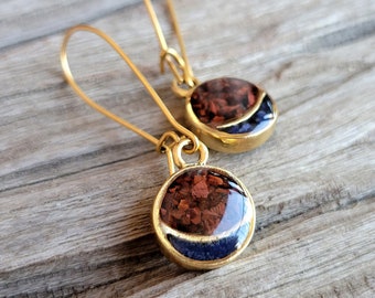 Crushed Red Tiger's Eye and Blue Sodalite Stone Inlay Earrings - Small Gold Split Circle Dangle Earrings - Nature Jewelry