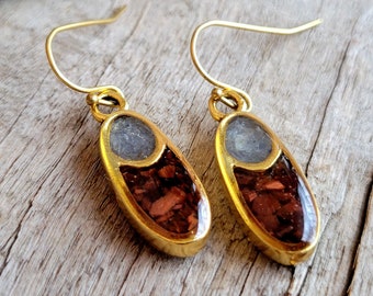 Crushed Stone Earrings - Crushed Red Tiger's Eye and Light Blue Kyanite Dangle Earrings - Gold Oval Stone Inlay - Nature Jewelry