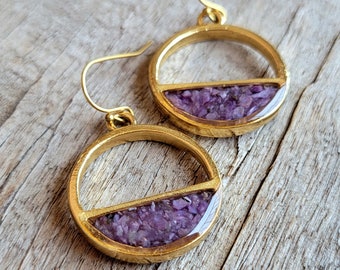 Crushed Charoite Earrings - Crushed Stone - Purple Charoite and Gold Horizon Split Circle Dangle Earrings