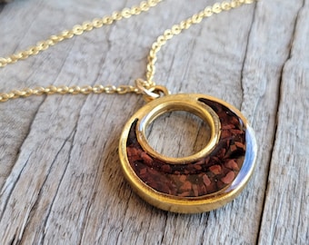 Crushed Red Tiger's Eye Necklace - Crushed Stone - Deep Rusty Red and Gold Eclipse Split Circle Necklace