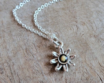 Daisy Mustard Seed Necklace - Christian Faith Necklace - Silver and Black Flower Necklace - Baptism Gift - Confirmation Gift