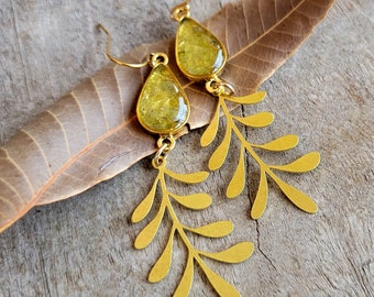 Crushed Peridot Earrings - Crushed Yellow-Green Stone and Brass Dangle Earrings - Crushed Gemstone Earrings - Nature Jewelry