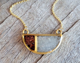 Crushed Stone Inlay Necklace- Crushed Red Tiger's Eye and Blue Calcite Stone - Gold Half-Circle Necklace - Nature Jewelry