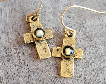 Mustard Seed Earrings- Religious Faith Jewelry  - Nature Jewelry - Real Mustard Seed in Gold Crosses - Mustard Seed Jewelry
