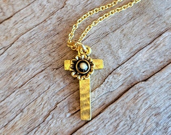 Cross and Mustard Seed Flower Charm Necklace - Christian Faith Necklace - Gold and Black Cross and Aster Necklace - Baptism Gift