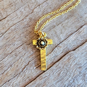 Cross and Mustard Seed Flower Charm Necklace Christian Faith Necklace Gold and Black Cross and Aster Necklace Baptism Gift image 1