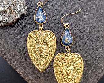 Crushed Blue Shattuckite Heart Dangle Earrings - Crushed Stone and Brass Dangle Earrings - Crushed Gemstone Earrings - Nature Jewelry