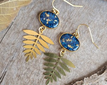 Crushed Shattuckite Earrings - Crushed Blue Stone and Brass Dangle Earrings - Crushed Gemstone Earrings - Nature Jewelry