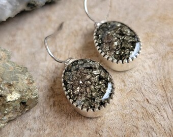Crushed Stone Earrings - Crushed Pyrite Dangle Earrings - Nature Jewelry - Crushed Gemstone Jewelry