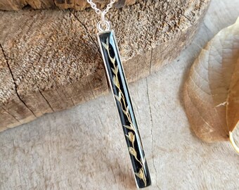 Real Botanical Necklace - Wild Grass Long Vertical Bar Necklace - Nature Jewelry - Silver Necklace