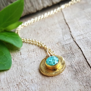 Crushed Turquoise and Gold Disc Necklace Crushed Stone Small Circle Necklace image 1
