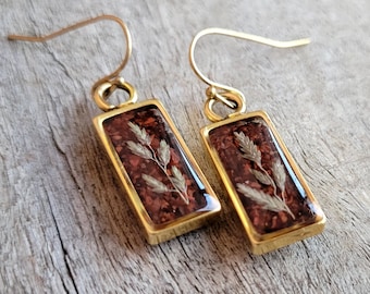 Crushed Red Tiger's Eye Botanical Earrings - Crushed Stone and Grass  Dangle Earrings - Botanical Earrings - Nature Jewelry