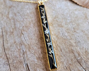Real Botanical  Necklace - Wild Grass and Queen Anne's Lace Long Vertical Bar Necklace - Nature Jewelry - Pressed Flower Necklace