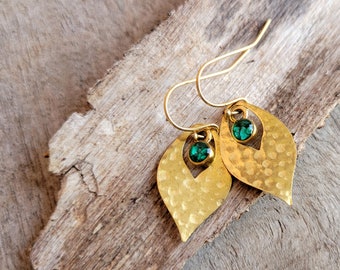 Crushed Green Malachite Earrings - Crushed Green Gemstone and Brass Dangle Earrings - Crushed Gemstone Earrings - Nature Jewelry
