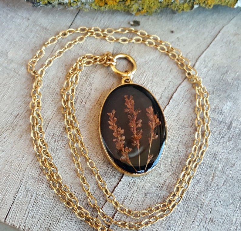 Nature Jewelry Botanical Jewelry Real Flower Necklace Real Burgundy Pressed Flower Jewelry -Large Gold Oval Flower Statement Necklace