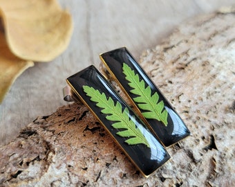 Real Fern Earrings - Fern Frond Stud Earrings - Nature Jewelry - Green and Black Rectangle Real Leaf Earrings - Botanical Jewelry