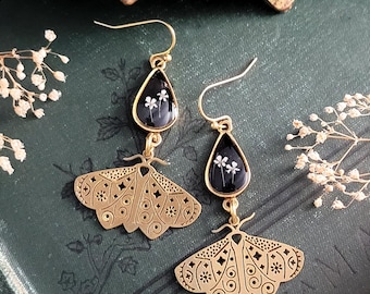 Real Flower Moth Dangle Earrings