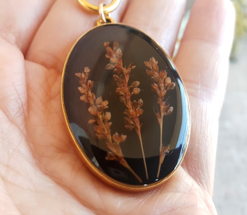 Nature Jewelry Botanical Jewelry Real Flower Necklace Real Burgundy Pressed Flower Jewelry -Large Gold Oval Flower Statement Necklace