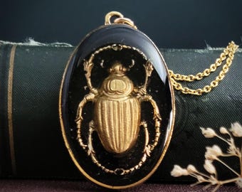 Black and Gold Scarab Necklace - Crushed Jet Stone with Golden Scarab Beetle Necklace