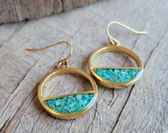 Crushed Turquoise Earrings - Crushed Stone - Turquoise and Gold Horizon Split Circle Dangle Earrings