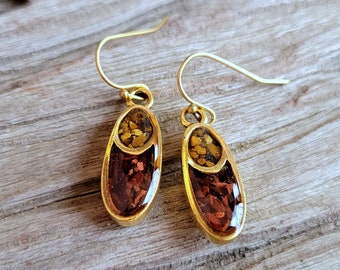 Crushed Stone Earrings - Crushed Red and Gold Tiger's Eye  Dangle Earrings - Gold Oval Stone Inlay - Nature Jewelry