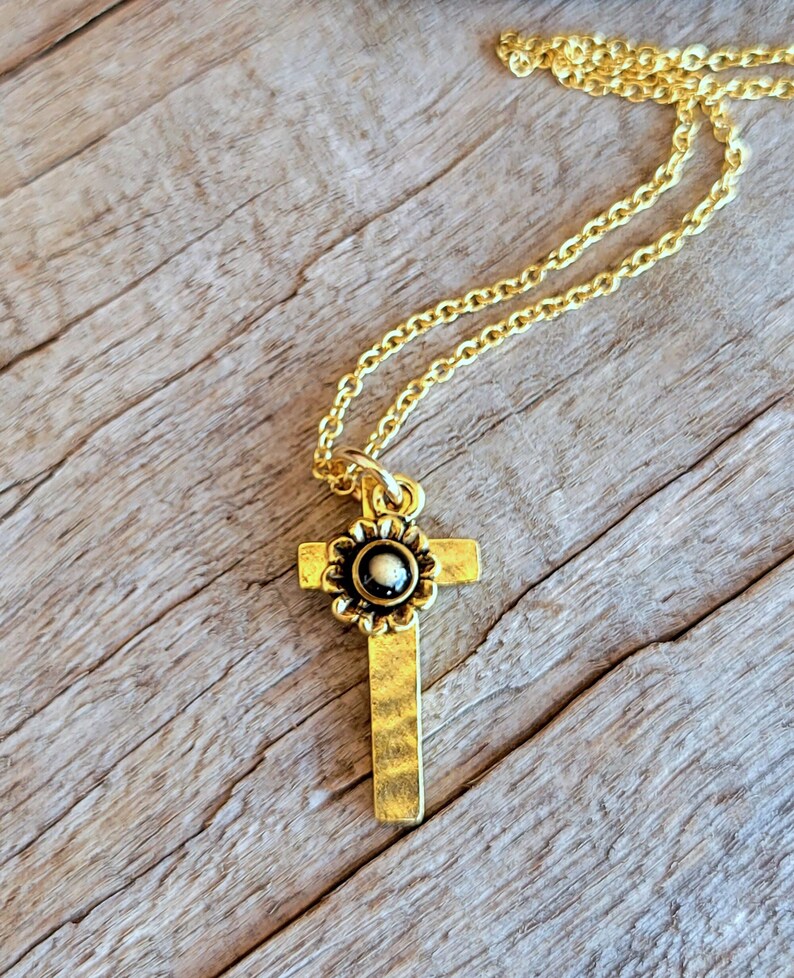 Cross and Mustard Seed Flower Charm Necklace Christian Faith Necklace Gold and Black Cross and Aster Necklace Baptism Gift image 1