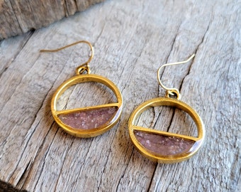 Crushed Lilac Lepidolite Earrings - Crushed Stone - Lepidolite and Gold Horizon Split Circle Dangle Earrings